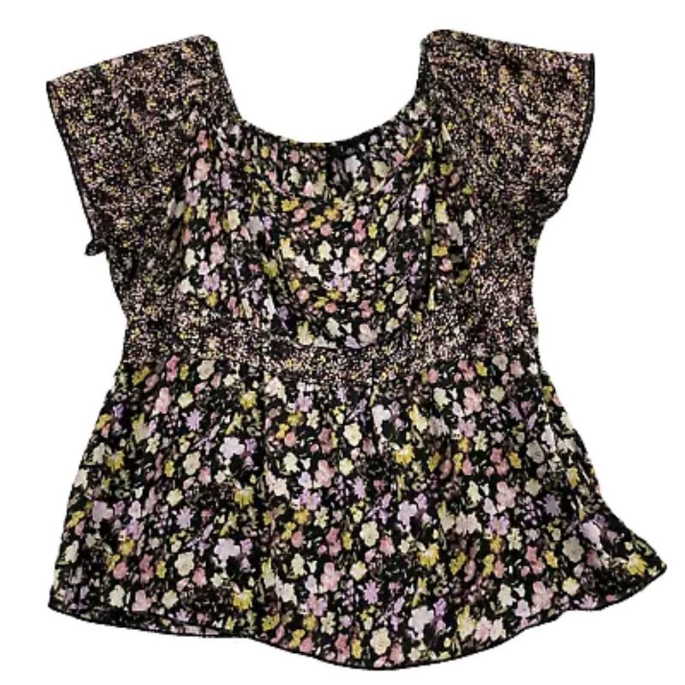 ESSENTIALS by Milano Blouse Black Ditsy Floral Flutter Sleeve Off Shoulder SZ L